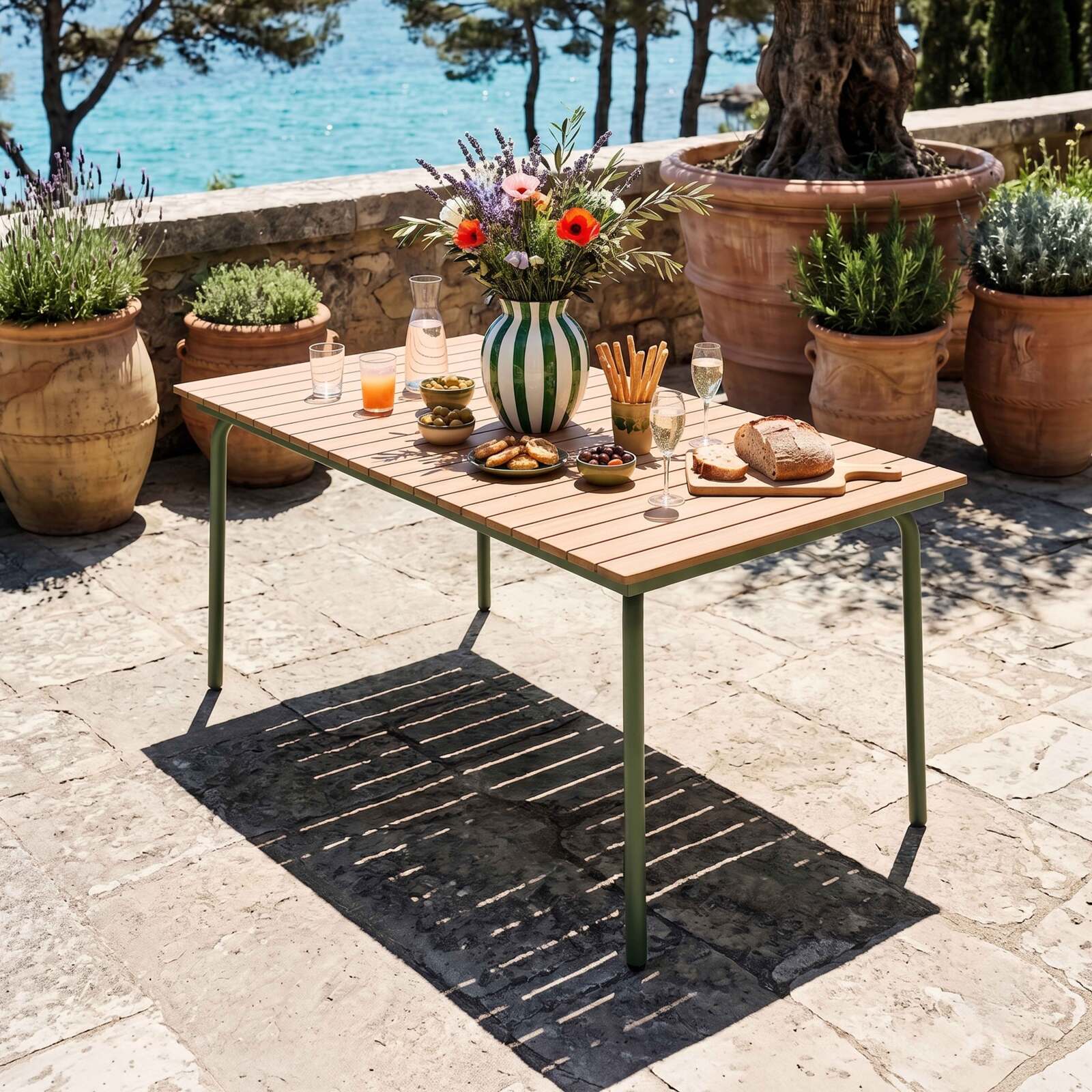 Mesa de jardín efecto madera de metal y polywood 6 personas 160x90 cm