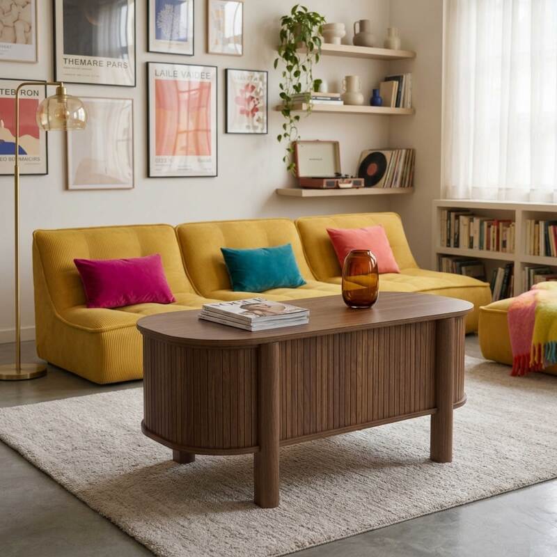 Mesa de centro elevable efecto madera ovalada 100x48 cm