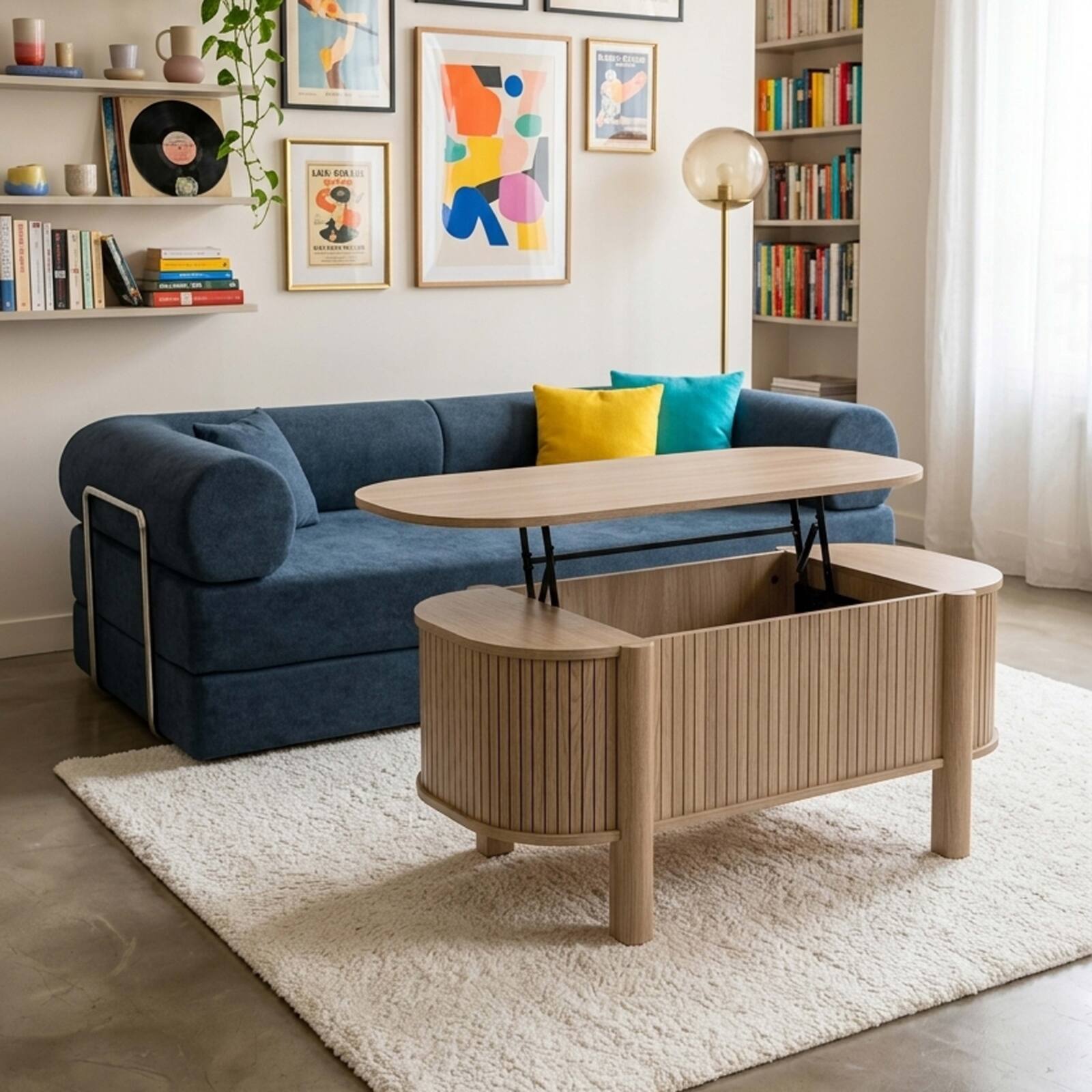 Mesa de centro elevable efecto madera ovalada 100x48 cm