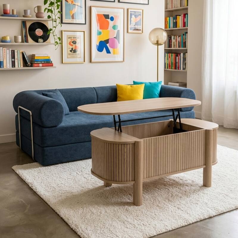Mesa de centro elevable efecto madera ovalada 100x48 cm (2/7)
