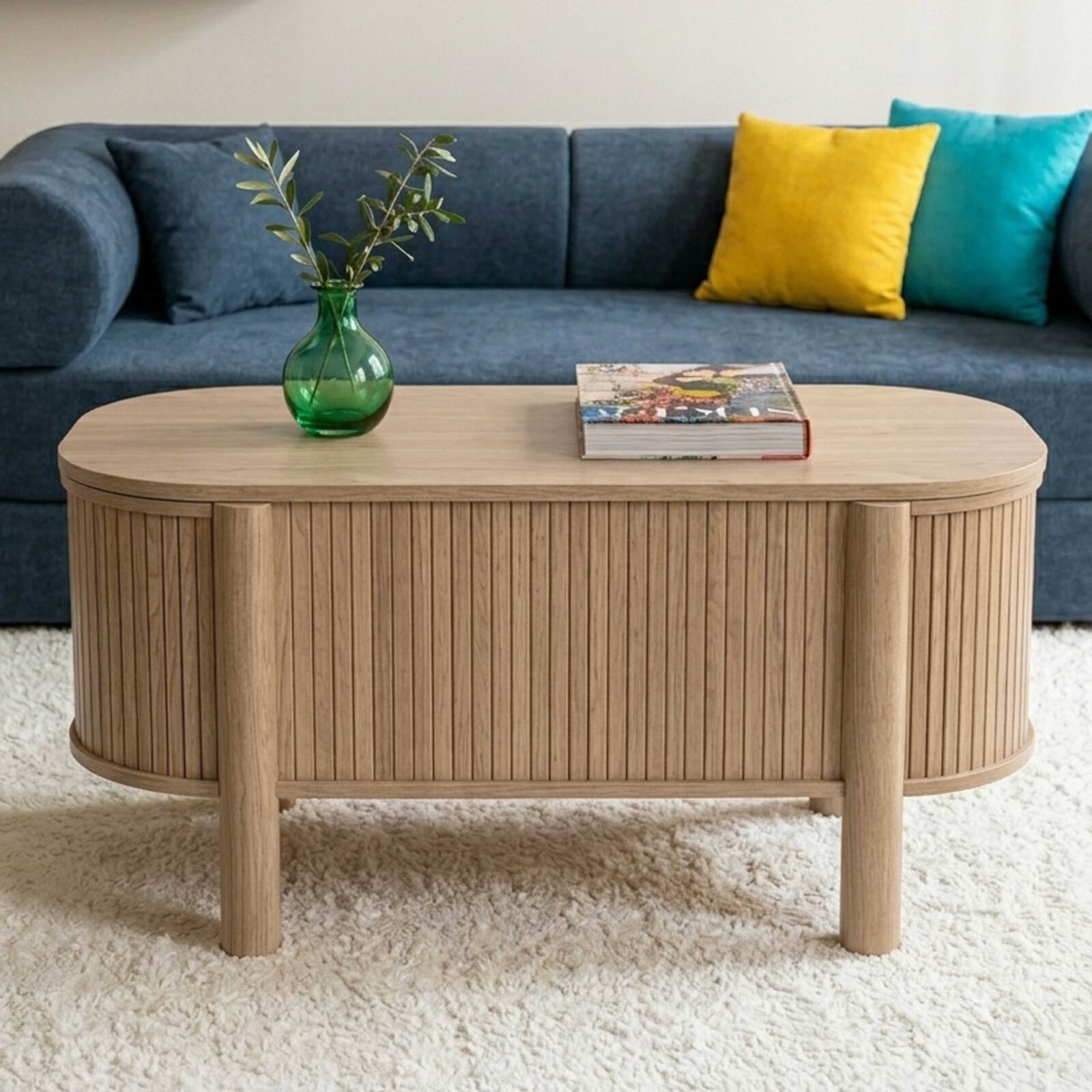 Mesa de centro elevable efecto madera ovalada 100x48 cm