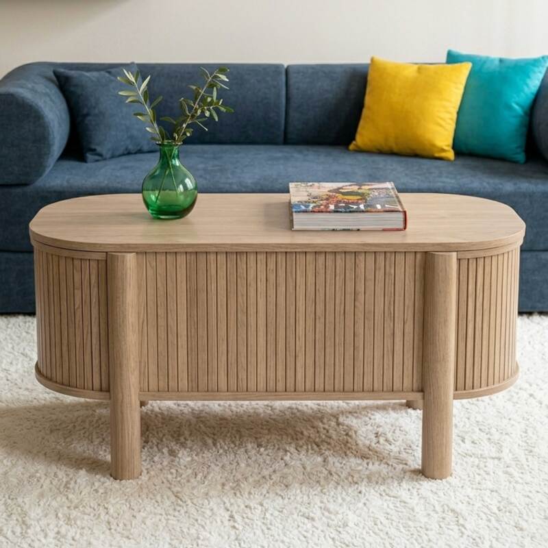Mesa de centro elevable efecto madera ovalada 100x48 cm (3/7)