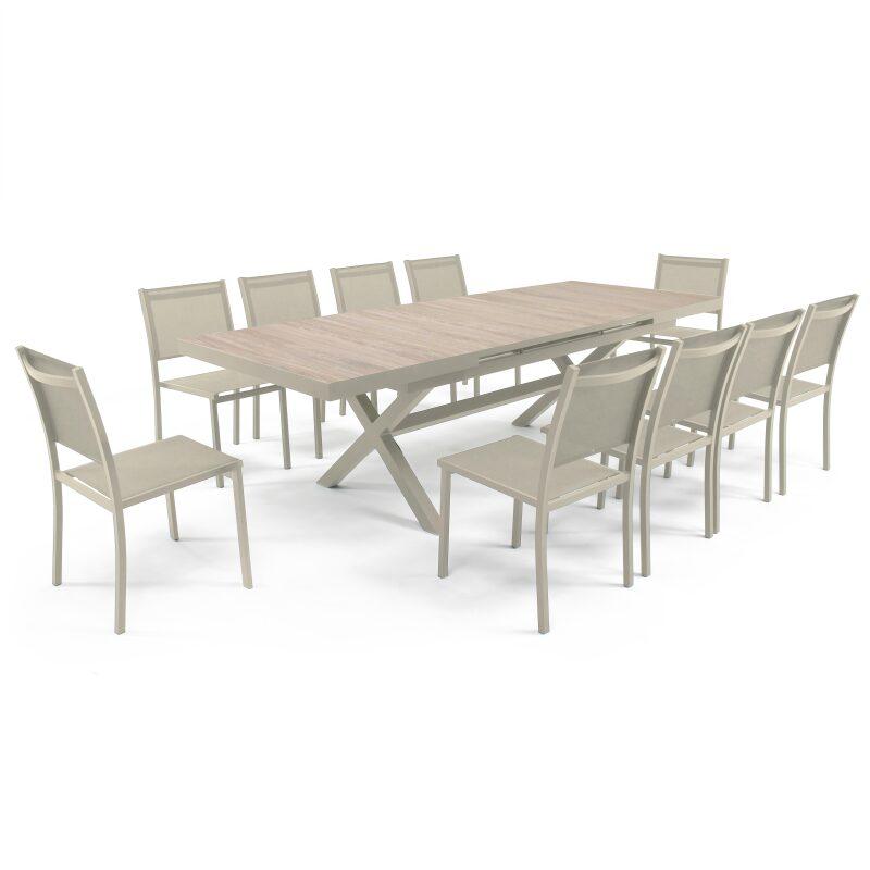 Mesa de jardín de aluminio y cerámica efecto madera 201x100 cm y 10 sillas apilables de textilene