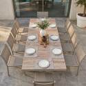 Mesa de jardín de aluminio y cerámica efecto madera 201x100 cm y 10 sillas apilables de textilene