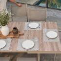 Mesa de jardín de aluminio y cerámica efecto madera 201x100 cm y 10 sillas apilables de textilene