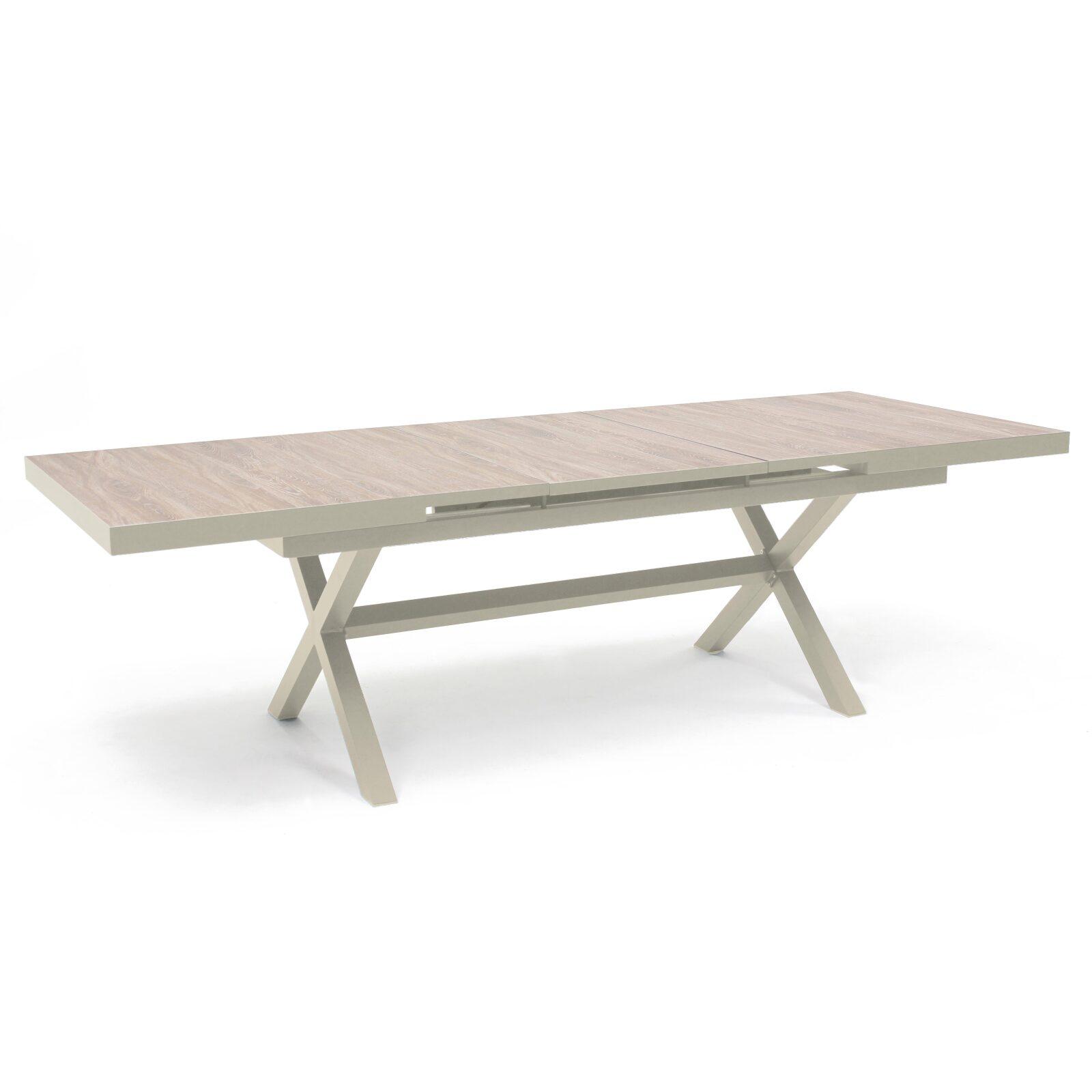 Mesa de jardín de aluminio y cerámica efecto madera 201x100 cm y 10 sillas apilables de textilene
