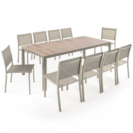Mesa de jardín de aluminio y cerámica efecto madera 206x100 cm y 10 sillas en textilene