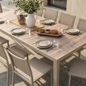 Mesa de jardín de aluminio y cerámica efecto madera 206x100 cm y 10 sillas en textilene