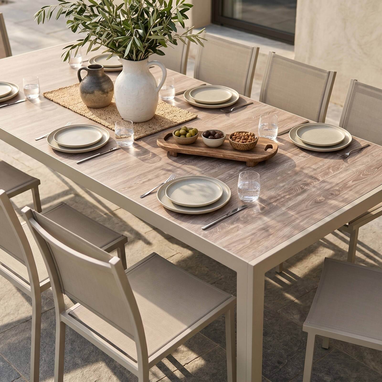 Mesa de jardín de aluminio y cerámica efecto madera 206x100 cm y 10 sillas en textilene