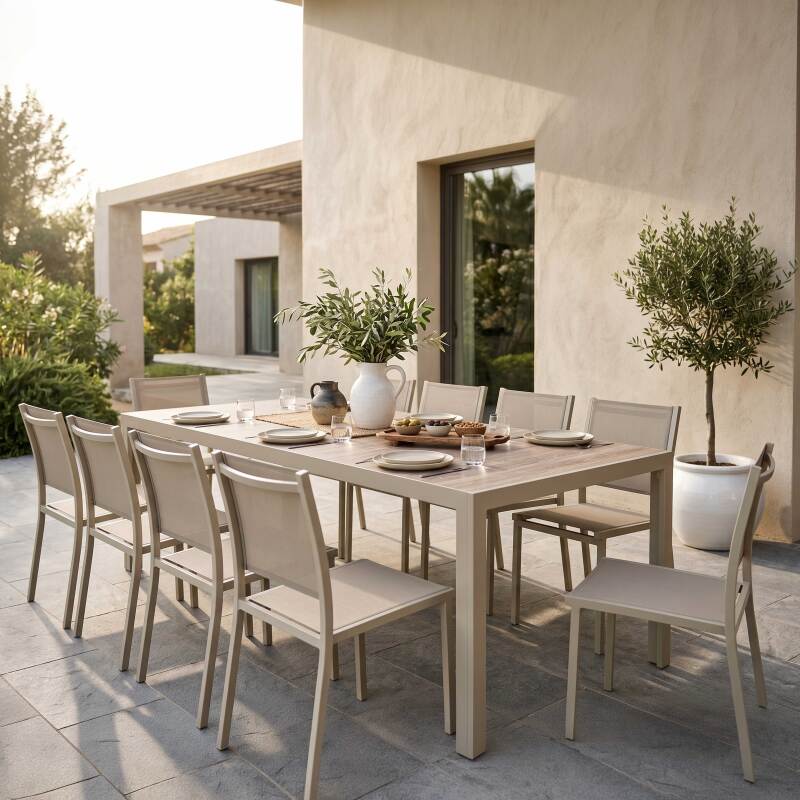 Mesa de jardín de aluminio y cerámica efecto madera 206x100 cm y 10 sillas en textilene