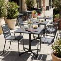 Mesa de jardín bistro cuadrada inclinable de metal con pie emprotado 70x70 cm y 2 sillas con reposabrazos