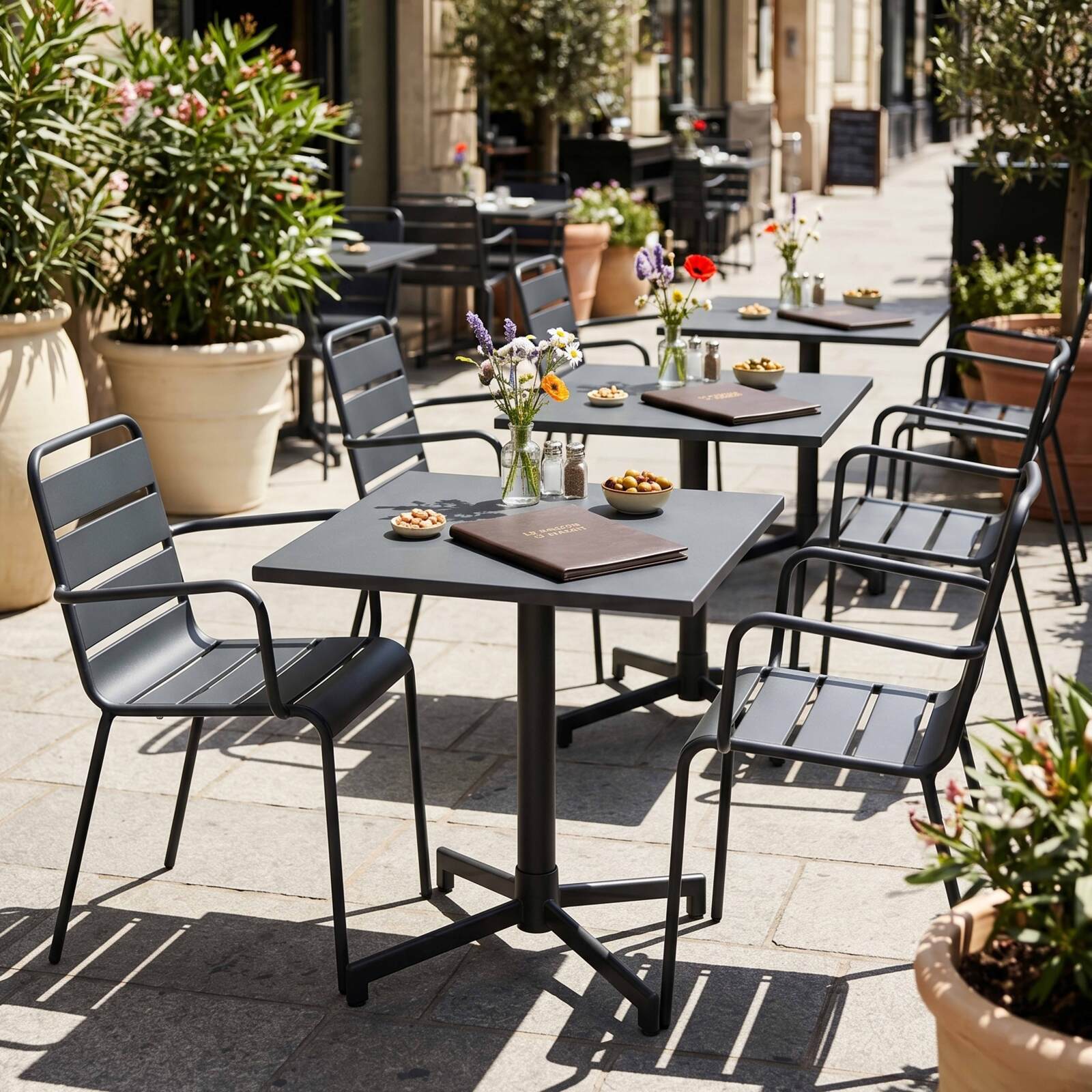 Mesa de jardín bistro cuadrada inclinable de metal con pie emprotado 70x70 cm y 2 sillas con reposabrazos