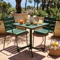 Mesa de jardín bistro cuadrada inclinable de metal con pie emprotado 70x70 cm y 2 sillas con reposabrazos