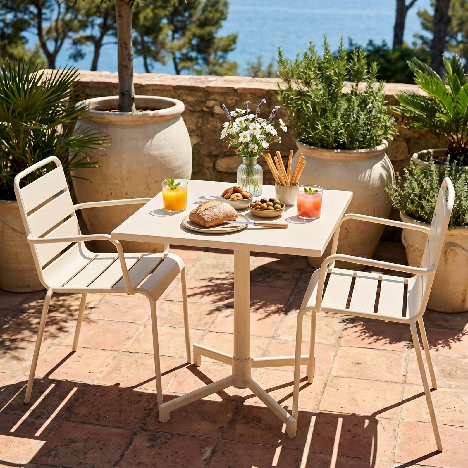Mesa de jardín bistro cuadrada inclinable de metal con pie emprotado 70x70 cm y 2 sillas con reposabrazos