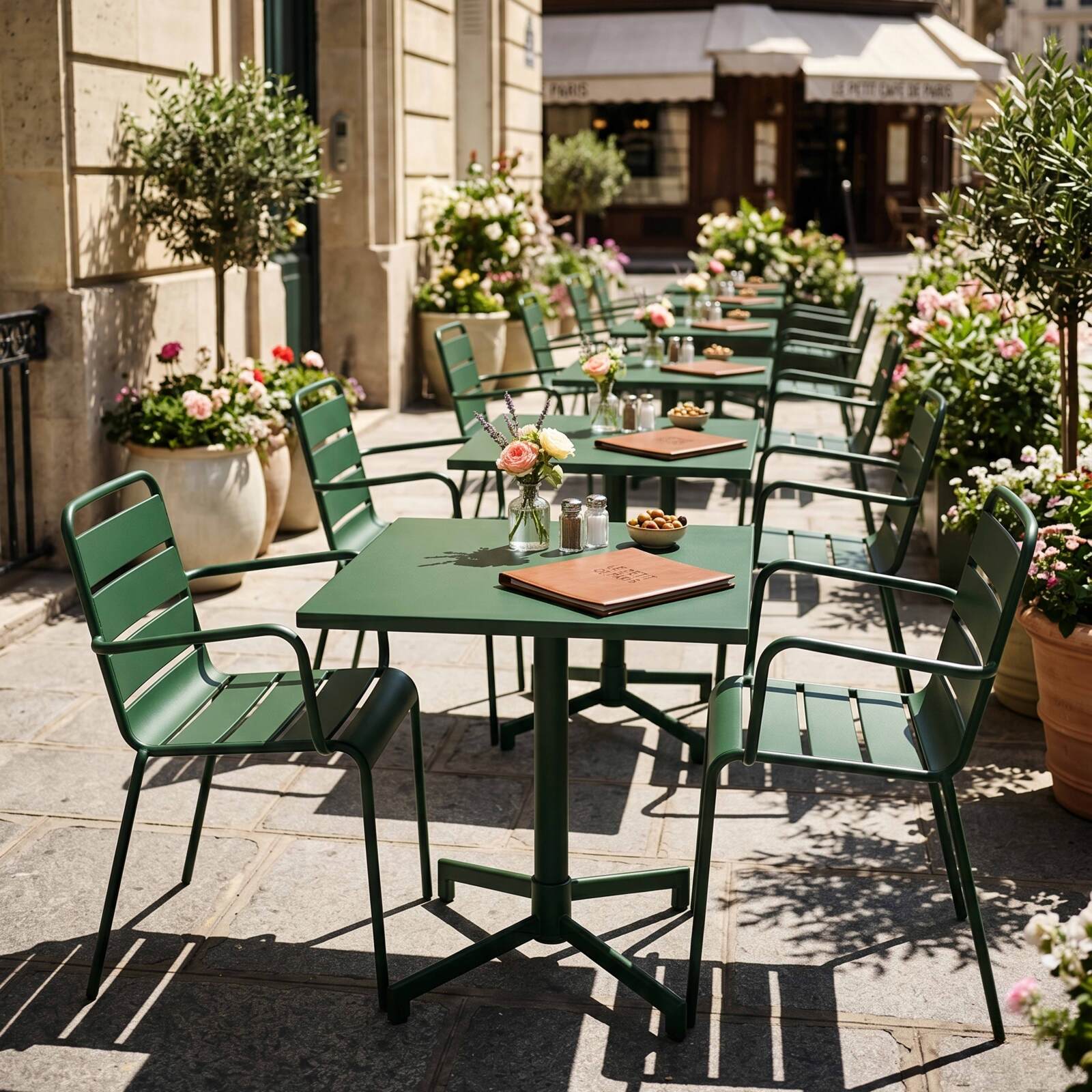 Mesa de jardín bistro cuadrada inclinable de metal con pie emprotado 70x70 cm y 2 sillas con reposabrazos