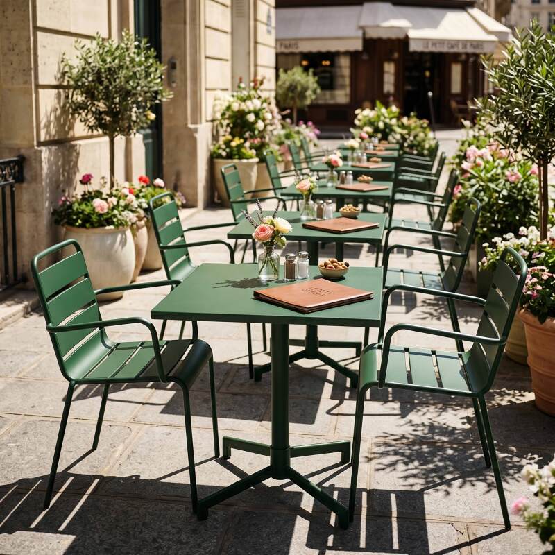 Mesa de jardín bistro cuadrada inclinable de metal con pie emprotado 70x70 cm y 2 sillas con reposabrazos (6/7)