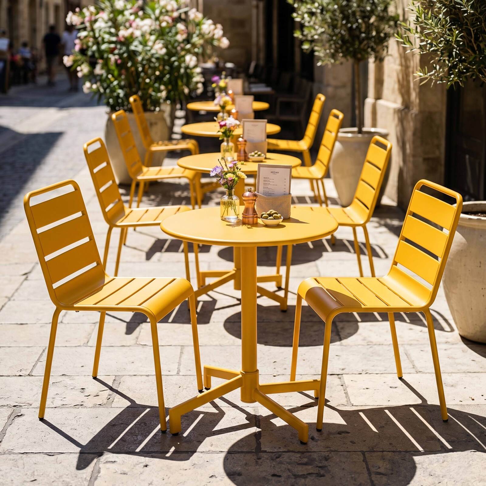Mesa de jardín bistro redonda inclinable de metal con pie emprotado Ø70 cm y 2 sillas