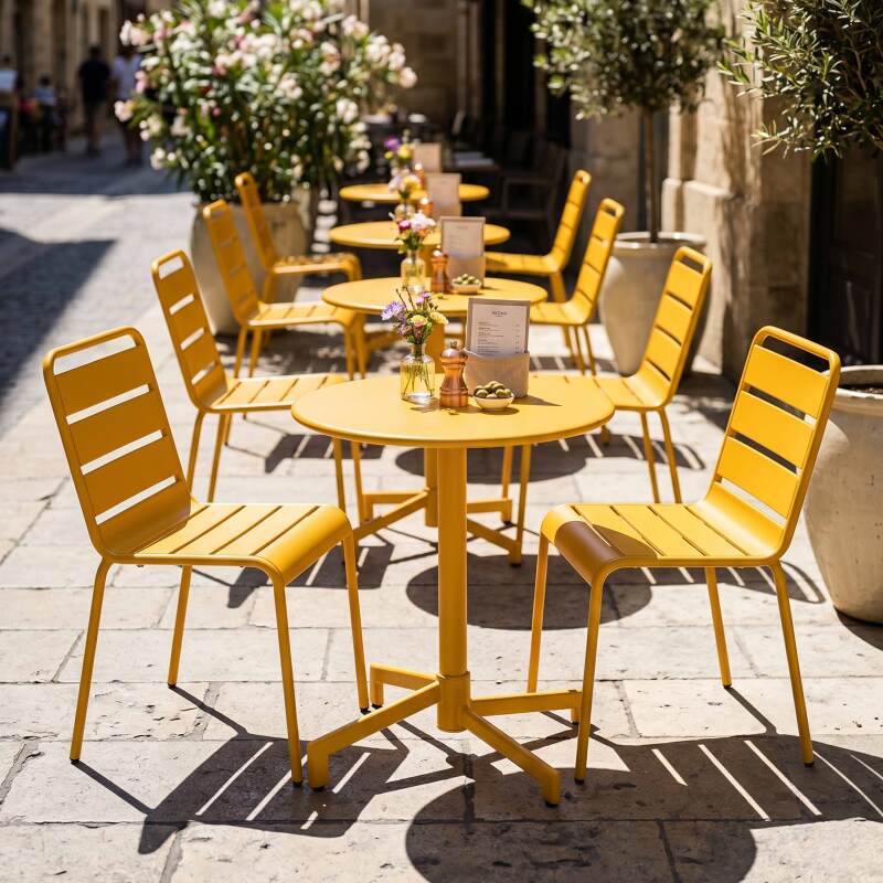 Mesa de jardín bistro redonda inclinable de metal con pie emprotado Ø70 cm y 2 sillas (7/11)