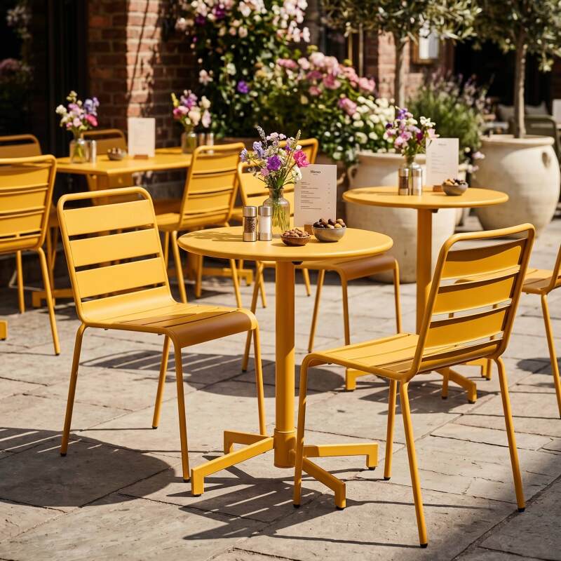 Mesa de jardín bistro redonda inclinable de metal con pie emprotado Ø70 cm y 2 sillas (8/11)