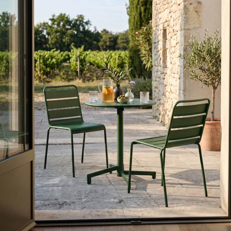 Mesa de jardín bistro redonda inclinable de metal con pie emprotado Ø70 cm y 2 sillas