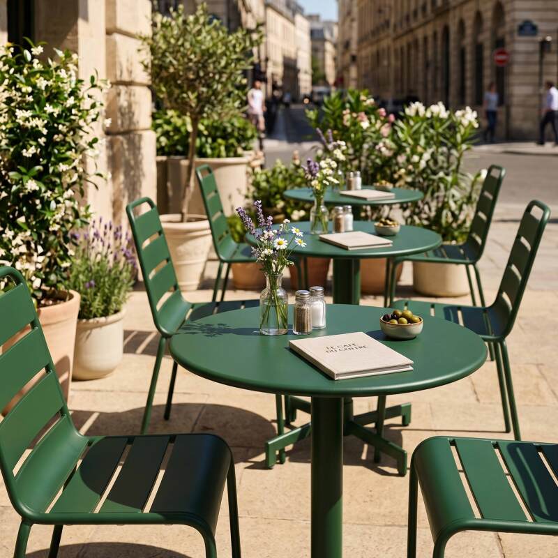 Mesa de jardín bistro redonda inclinable de metal con pie emprotado Ø70 cm y 2 sillas (6/9)