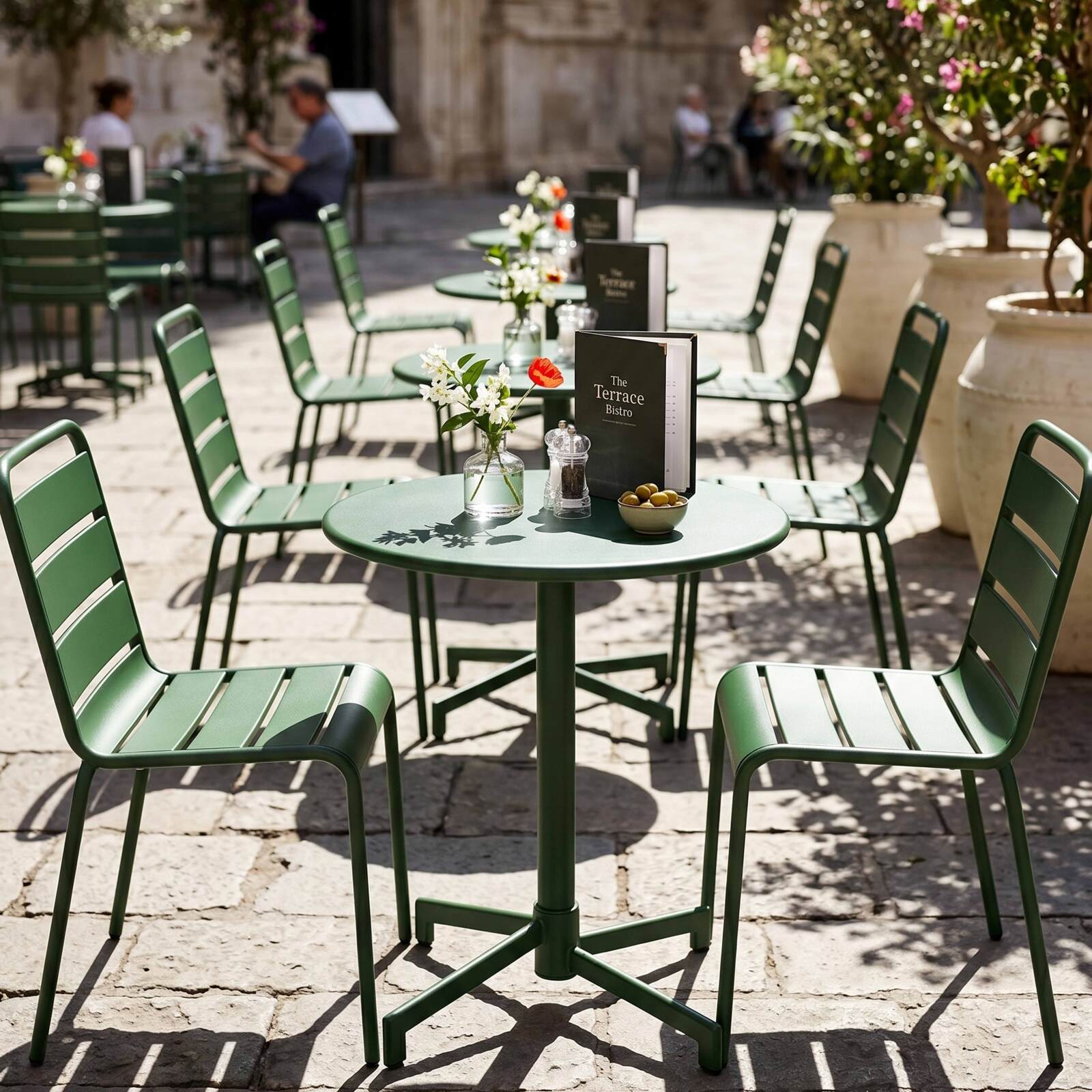 Mesa de jardín bistro redonda inclinable de metal con pie emprotado Ø70 cm y 2 sillas