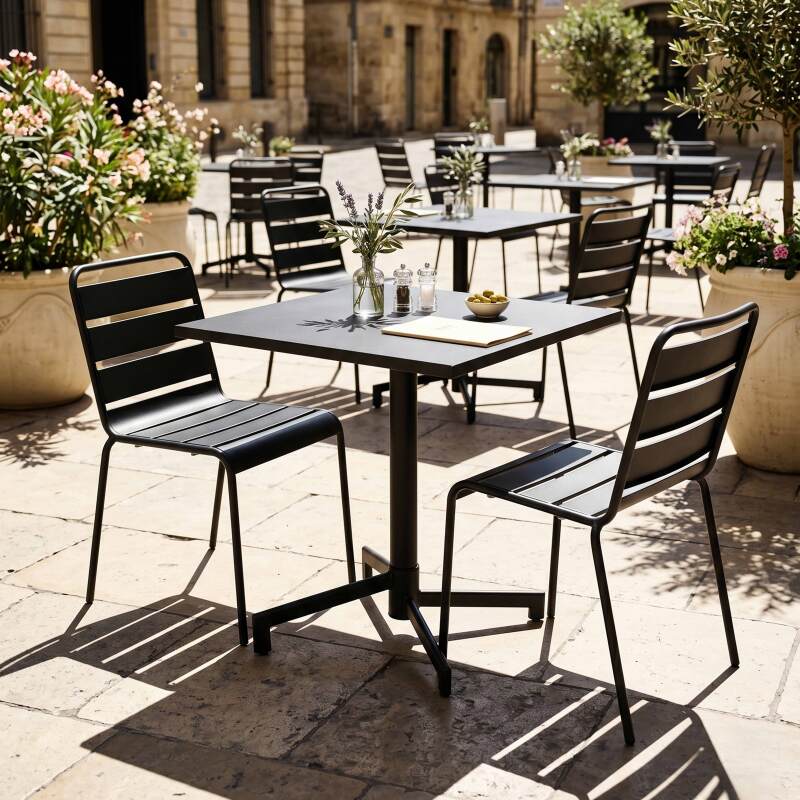 Mesa de jardín bistro cuadrada inclinable de metal con pie emprotado 70x70 cm y 2 sillas (5/7)