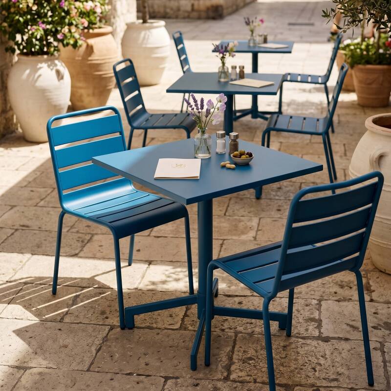 Mesa de jardín bistro cuadrada inclinable de metal con pie emprotado 70x70 cm y 2 sillas (6/8)