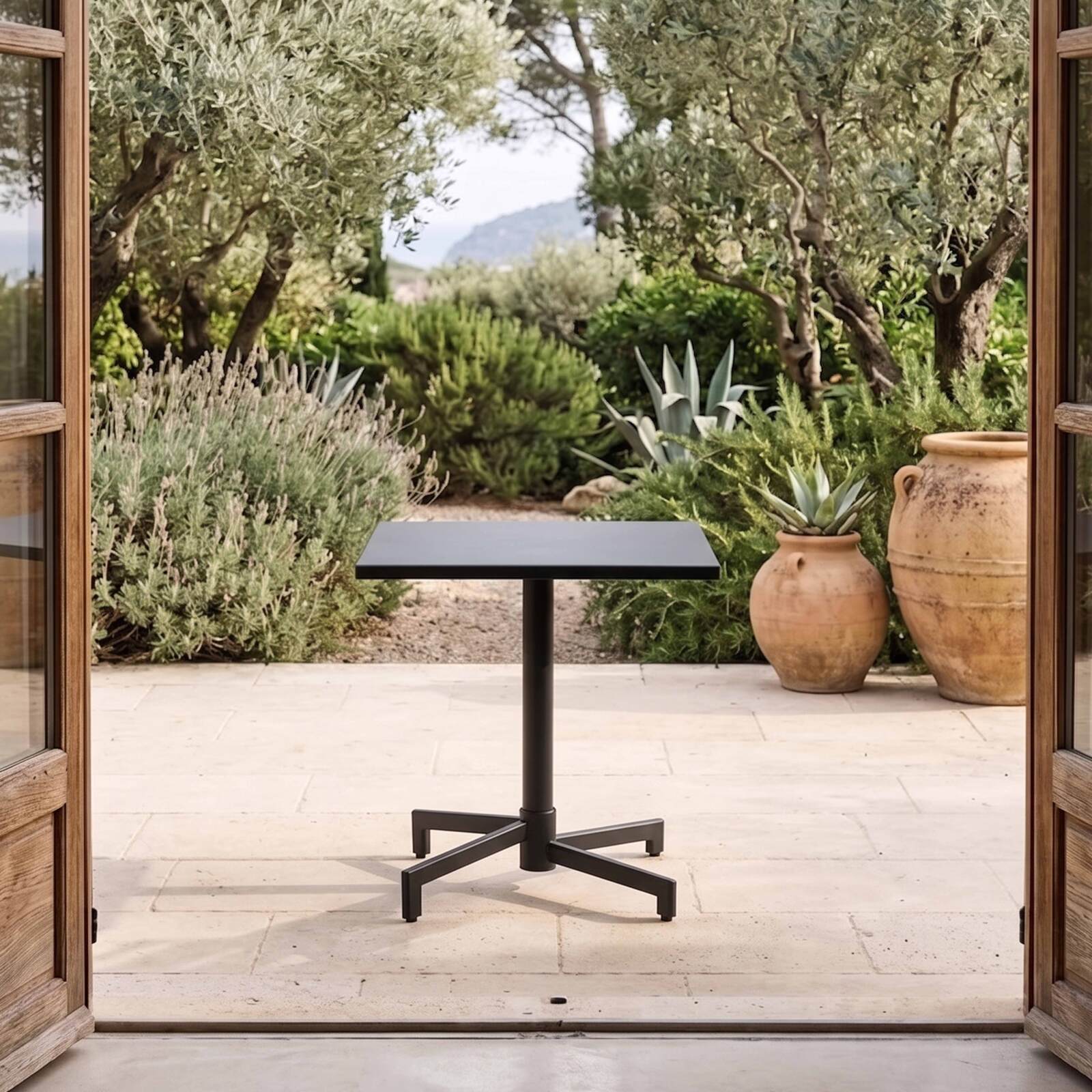 Mesa de jardín cuadrada reclinable de metal 2 a 4 personas con pie empotrado 70x70 cm