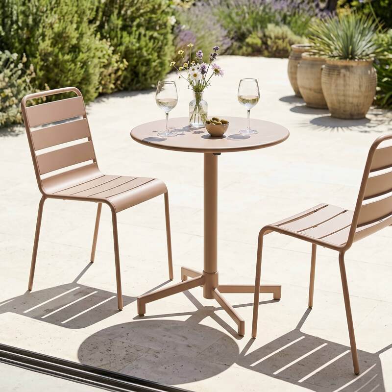 Mesa de jardín redonda reclinable de metal 2 a 4 personas con pie empotrado Ø70x72 cm (3/9)
