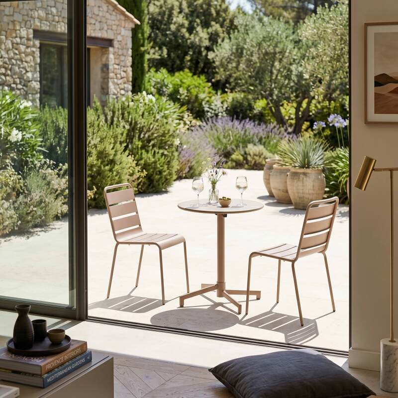 Mesa de jardín redonda reclinable de metal 2 a 4 personas con pie empotrado Ø70x72 cm (2/9)