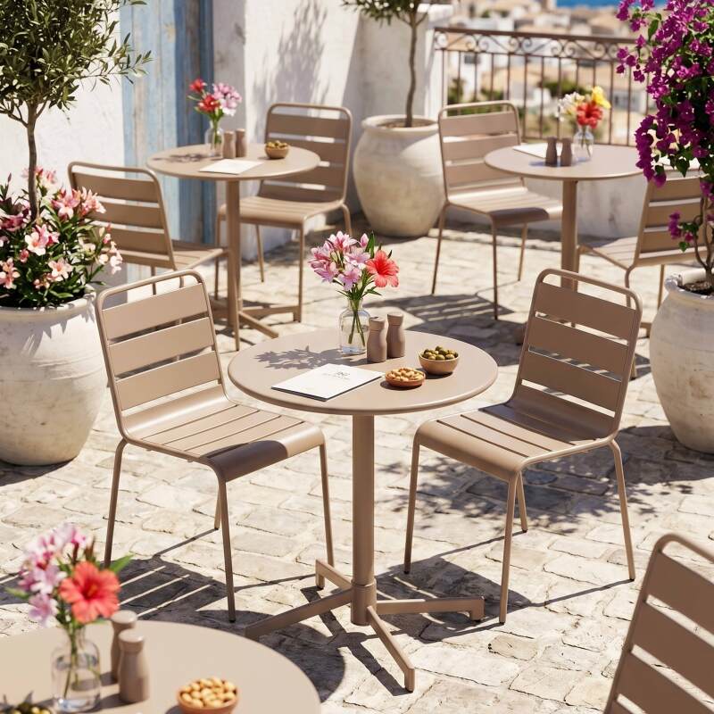Mesa de jardín redonda reclinable de metal 2 a 4 personas con pie empotrado Ø70x72 cm (7/9)