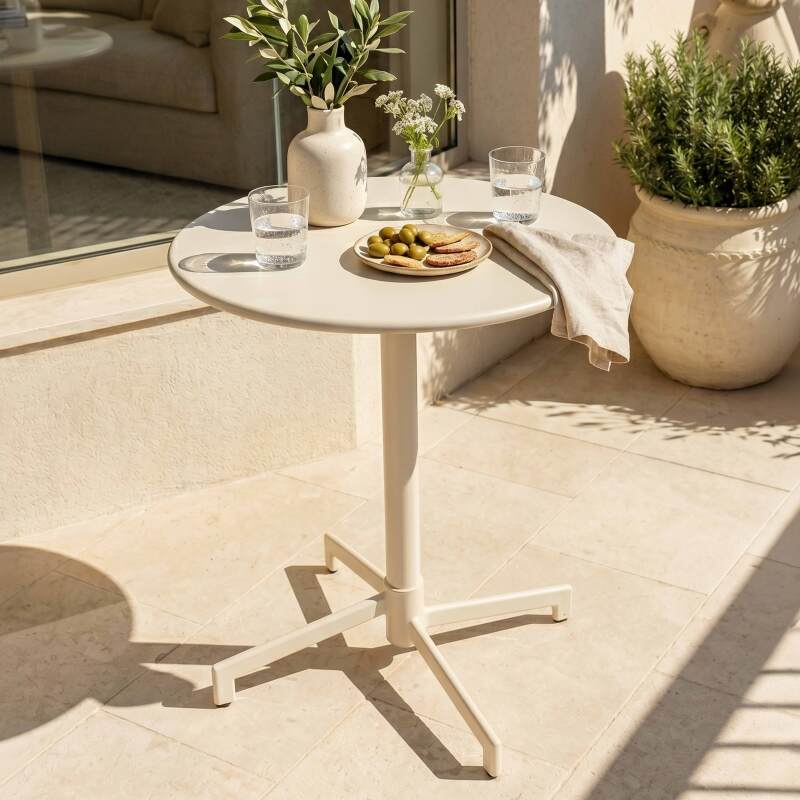 Mesa de jardín redonda reclinable de metal 2 a 4 personas con pie empotrado Ø70x72 cm
