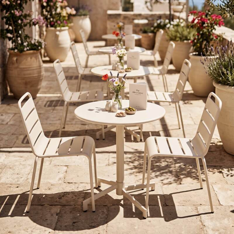 Mesa de jardín redonda reclinable de metal 2 a 4 personas con pie empotrado Ø70x72 cm (7/9)