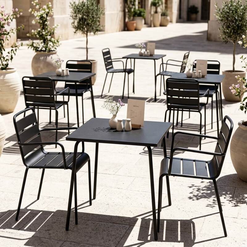 Mesa de jardín bistro cuadrada de metal 70x70 cm y 2 sillas con reposabrazos (3/7)