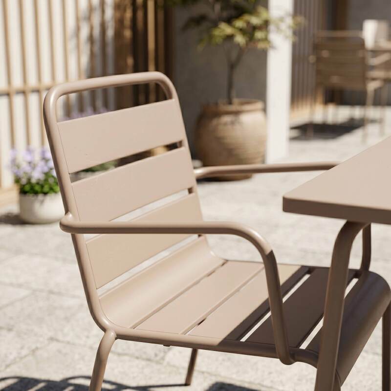 Mesa de jardín bistro cuadrada de metal 70x70 cm y 2 sillas con reposabrazos (4/7)