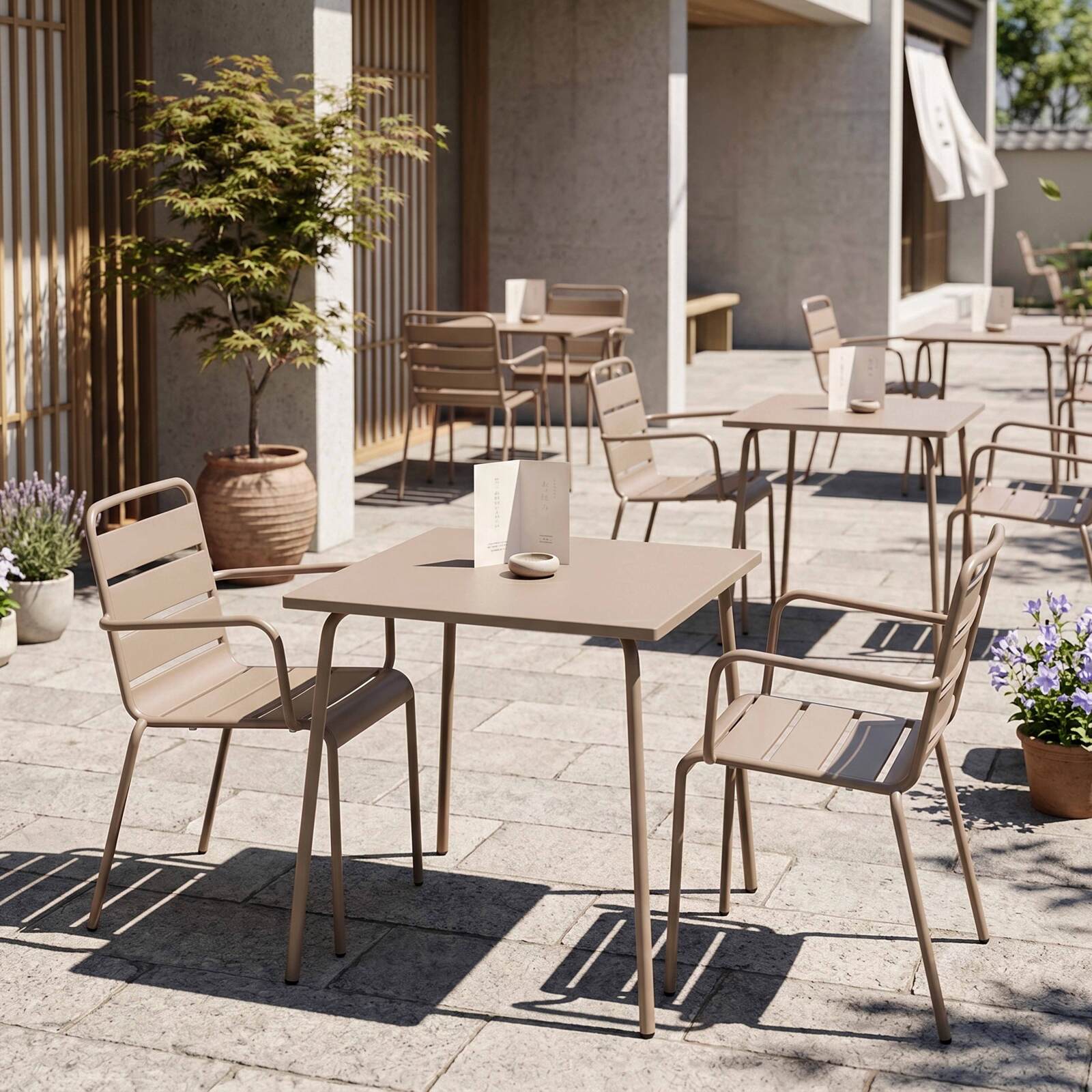 Mesa de jardín bistro cuadrada de metal 70x70 cm y 2 sillas con reposabrazos