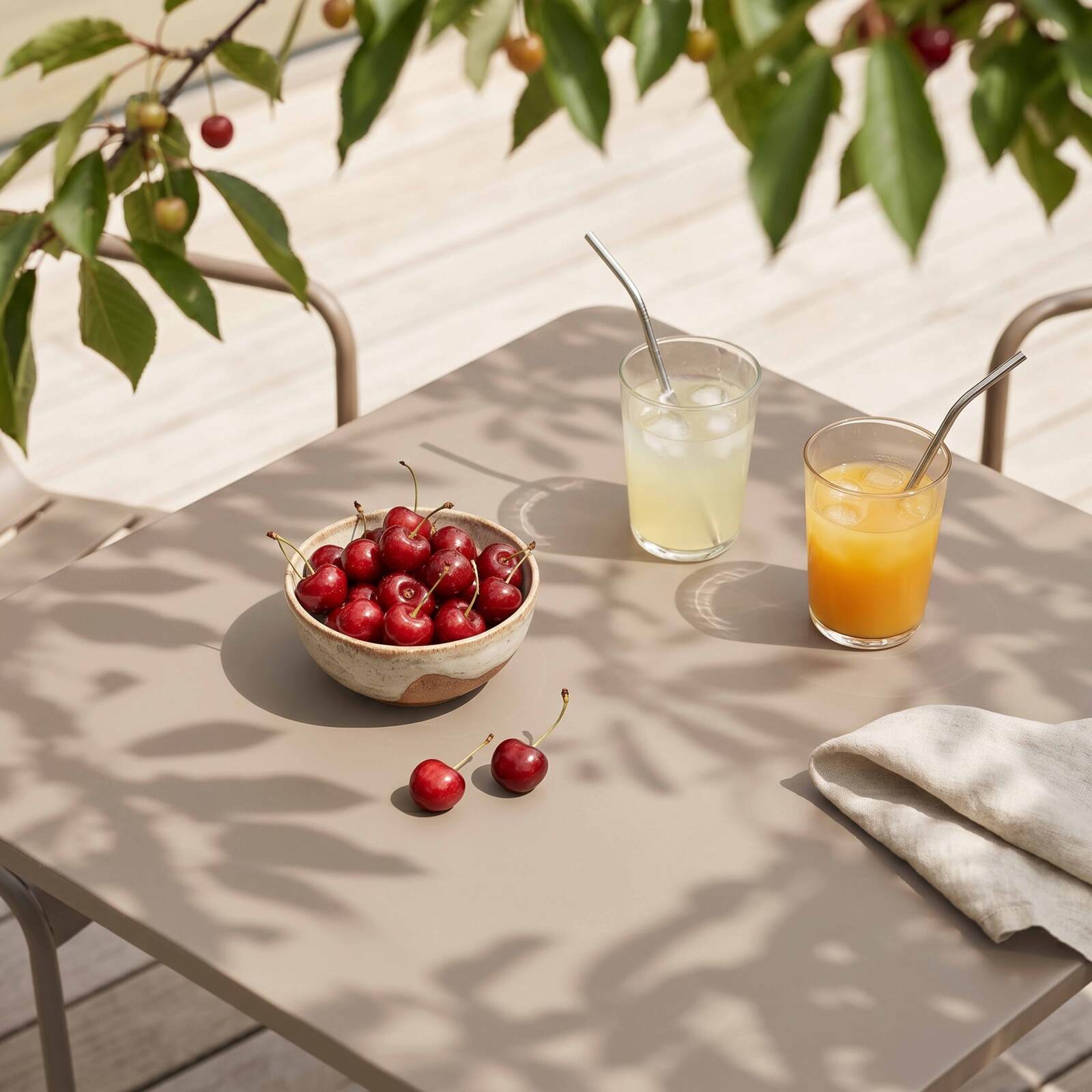 Mesa de jardín bistro cuadrada de metal 70x70 cm y 2 sillas con reposabrazos