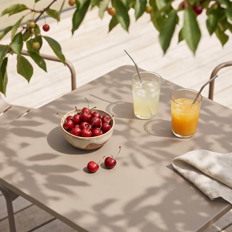 Mesa de jardín bistro cuadrada de metal 70x70 cm y 2 sillas con reposabrazos (2/7)