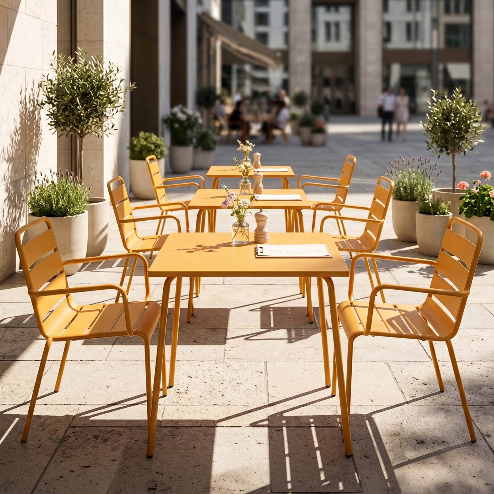 Mesa de jardín bistro cuadrada de metal 70x70 cm y 2 sillas con reposabrazos