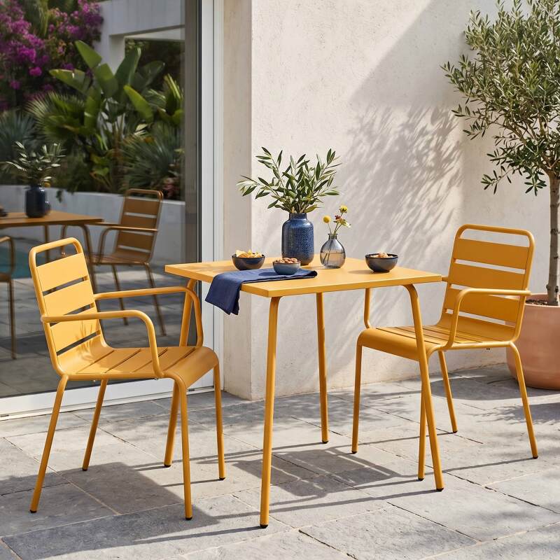Mesa de jardín bistro cuadrada de metal 70x70 cm y 2 sillas con reposabrazos