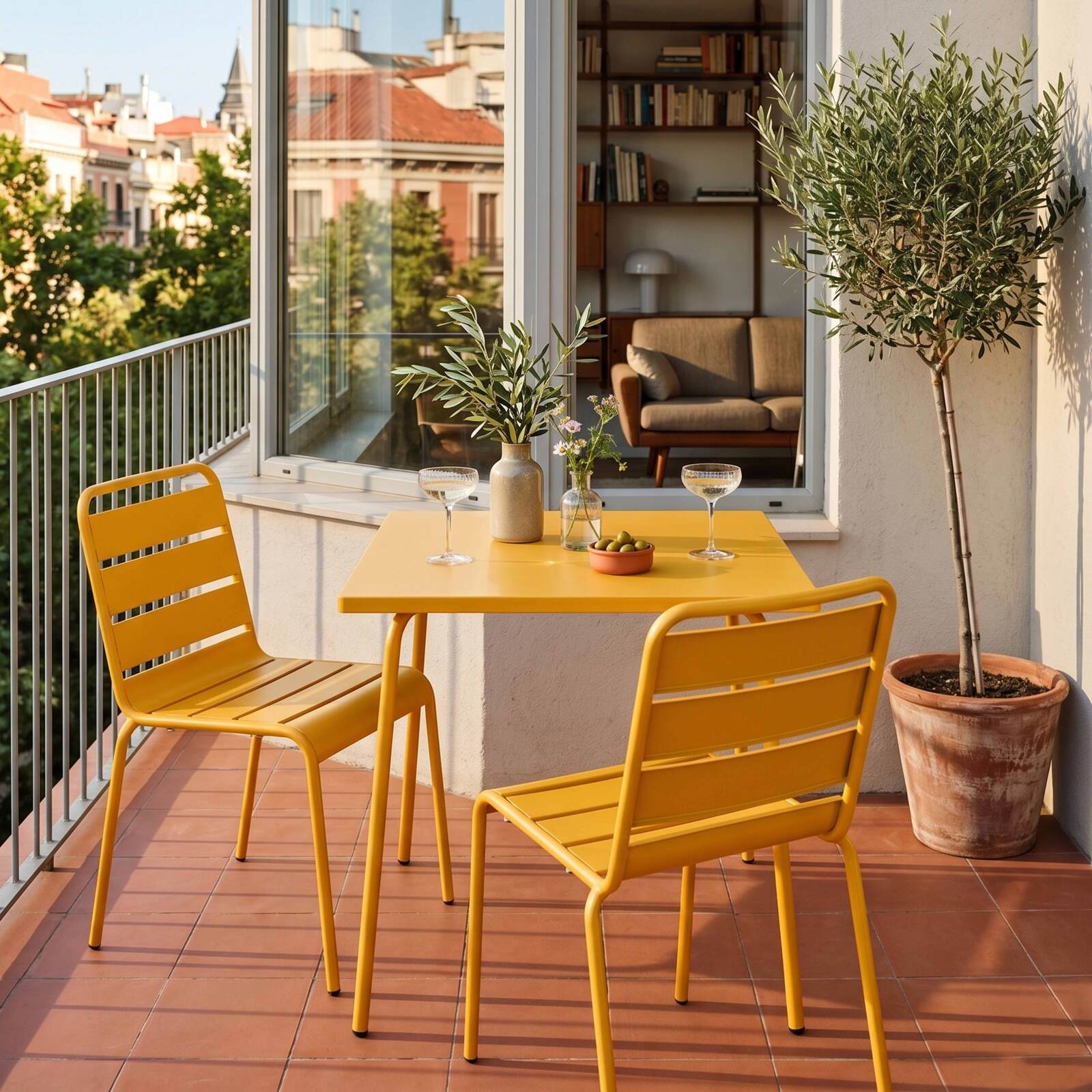 Mesa de jardín bistro cuadrada de metal 70x70 cm y 2 sillas