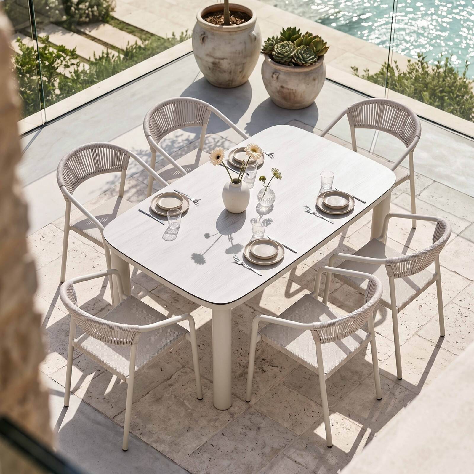 Mesa de jardín estructura de aluminio, 6 personas 150x90 cm y 6 sillas de textilene