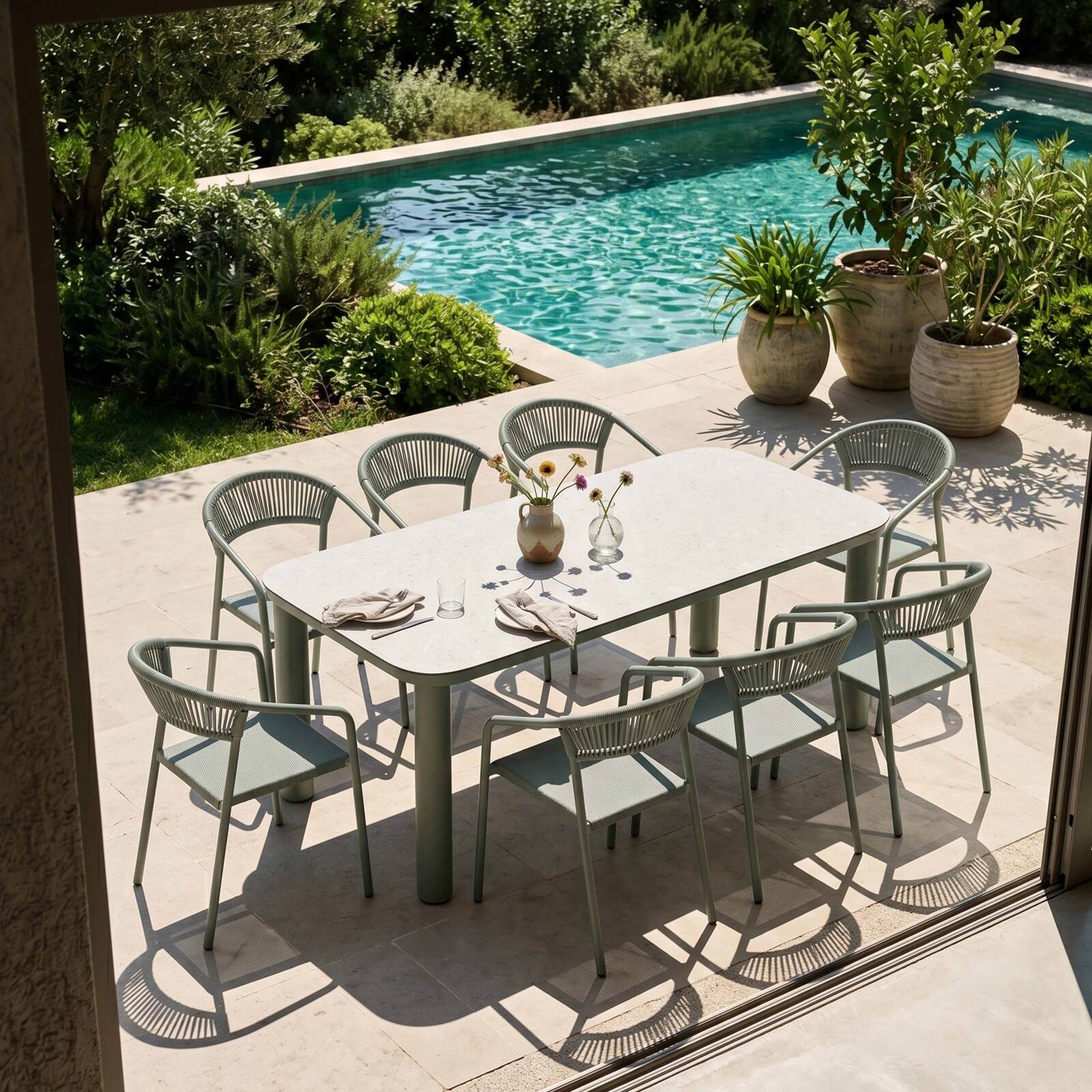 Mesa de jardín estructura de aluminio, 8 personas 213x90 cm y 8 sillas de textilene