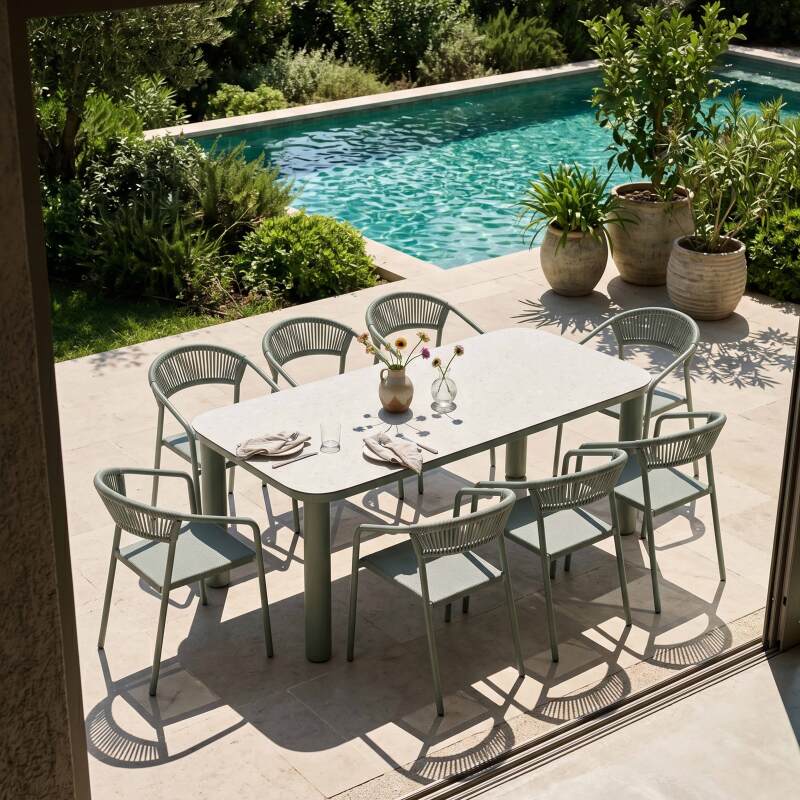 Mesa de jardín estructura de aluminio, 8 personas 213x90 cm y 8 sillas de textilene (8/9)