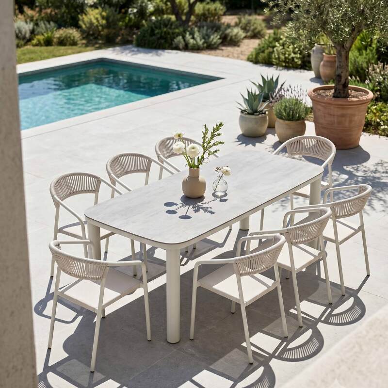 Mesa de jardín estructura de aluminio, 8 personas 213x90 cm y 8 sillas de textilene