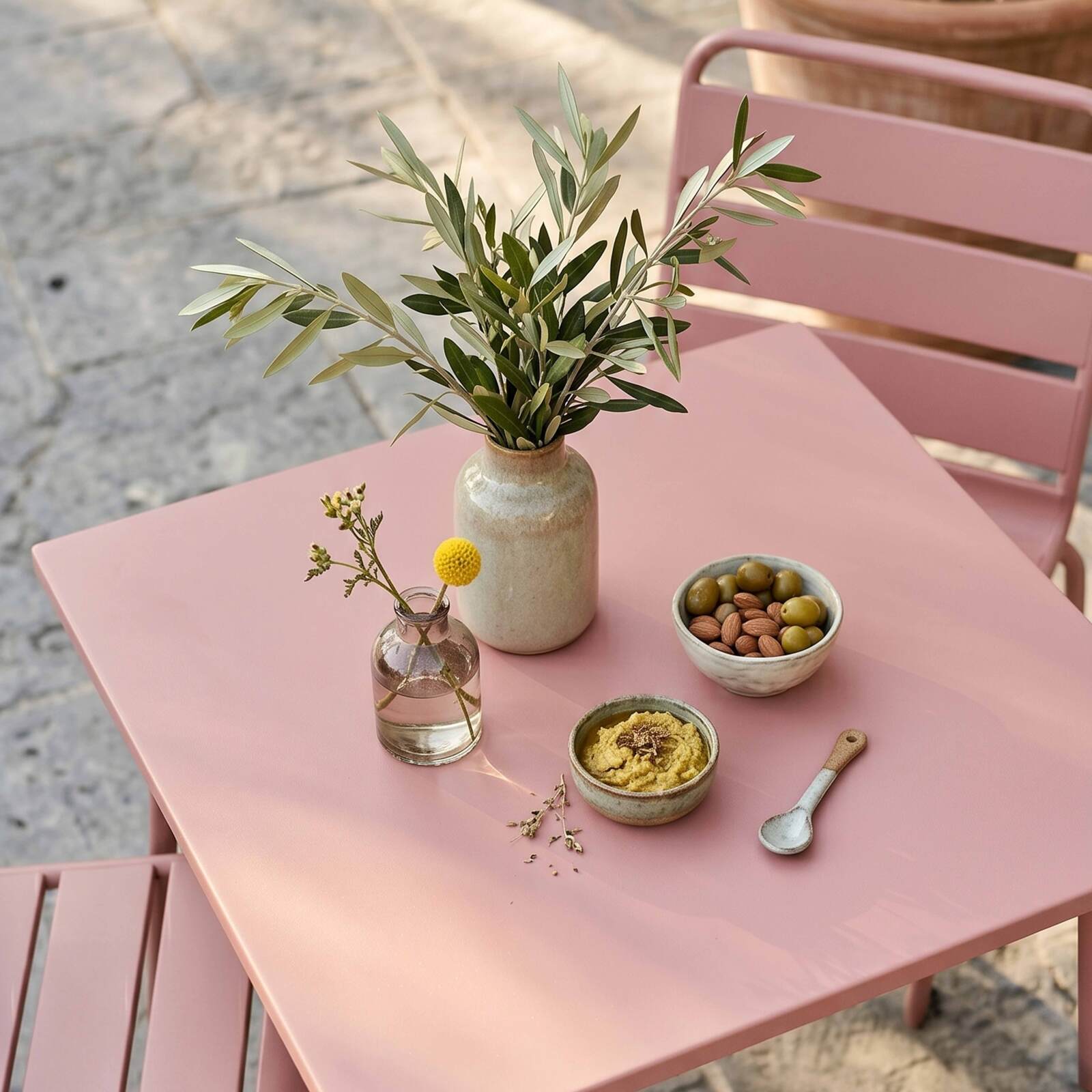 Mesa de jardín bistro cuadrada de metal 70x70 cm y 2 sillas
