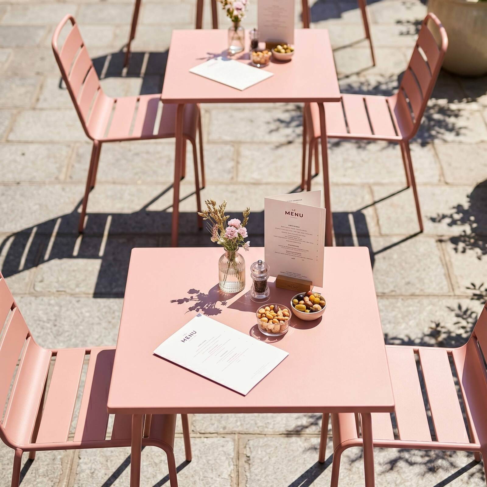 Mesa de jardín bistro cuadrada de metal 70x70 cm y 2 sillas