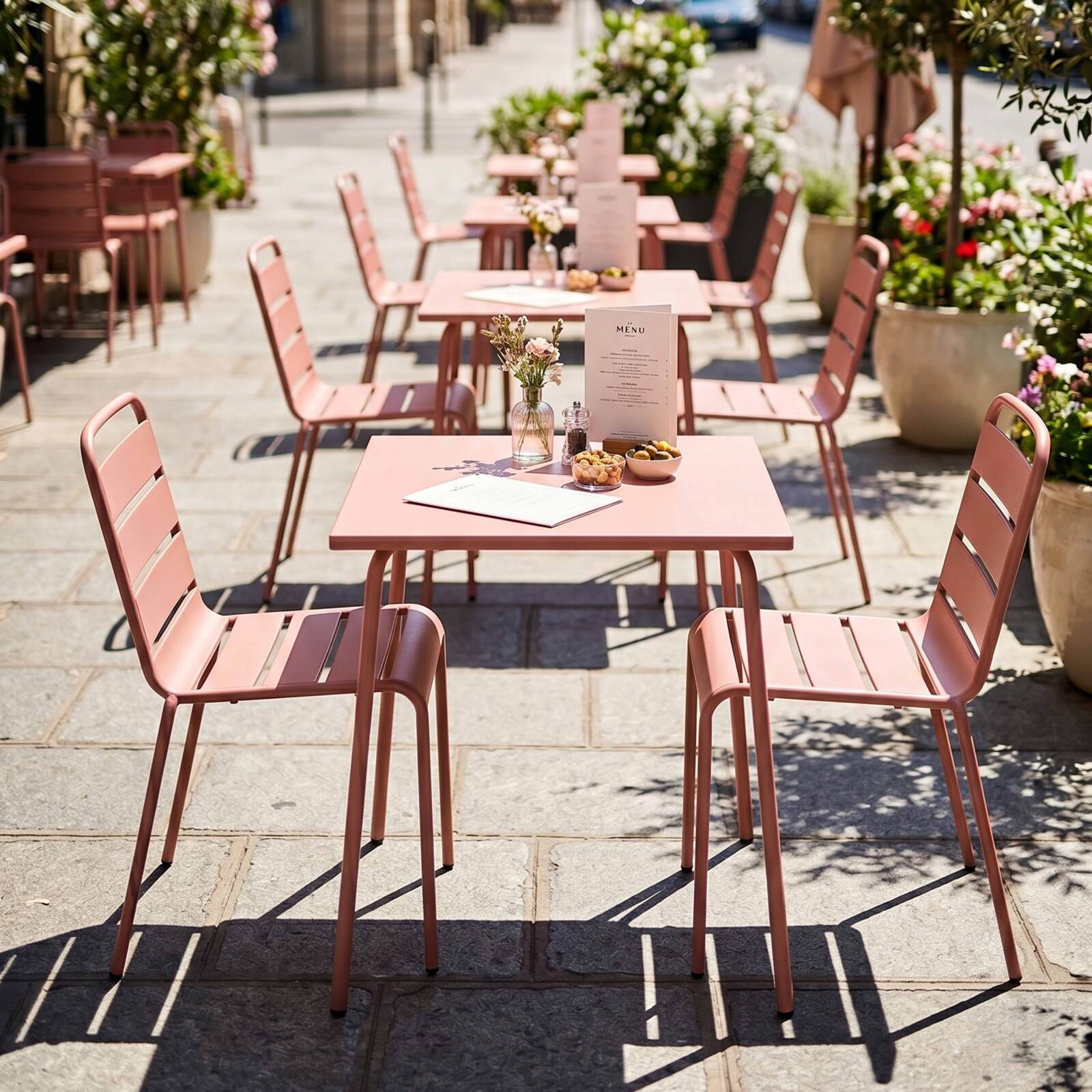 Mesa de jardín bistro cuadrada de metal 70x70 cm y 2 sillas