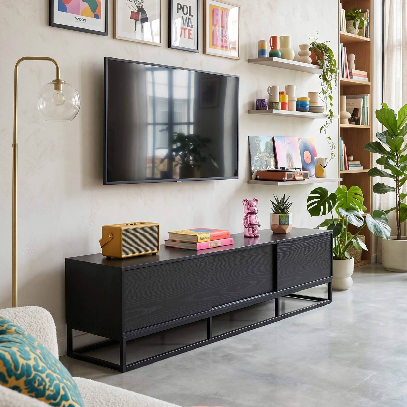 Mueble TV negro de efecto madera 180 cm